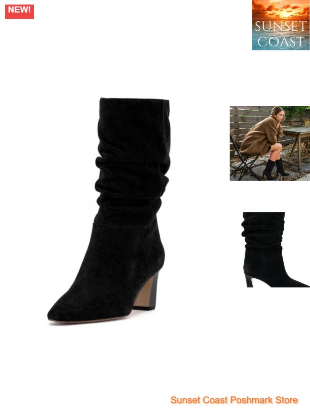 Womens Mid Calf Boots Square Toe Chunky Block Heel Slouchy Suede
